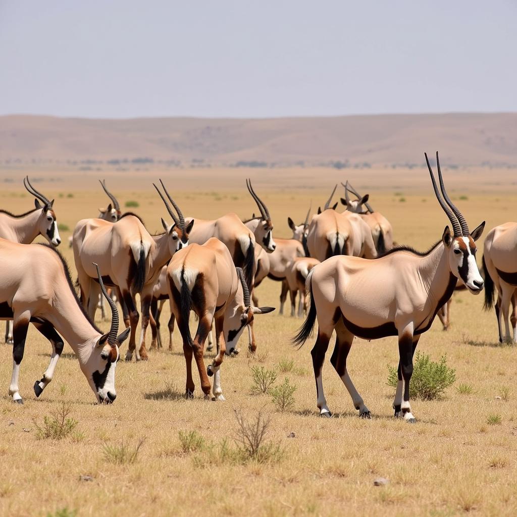 Herd of oryx grazing on the African savannah