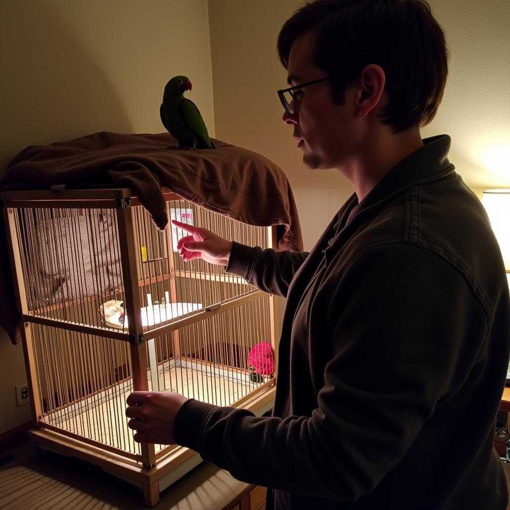 An owner carefully covers their parrot's cage with a blanket as night falls.