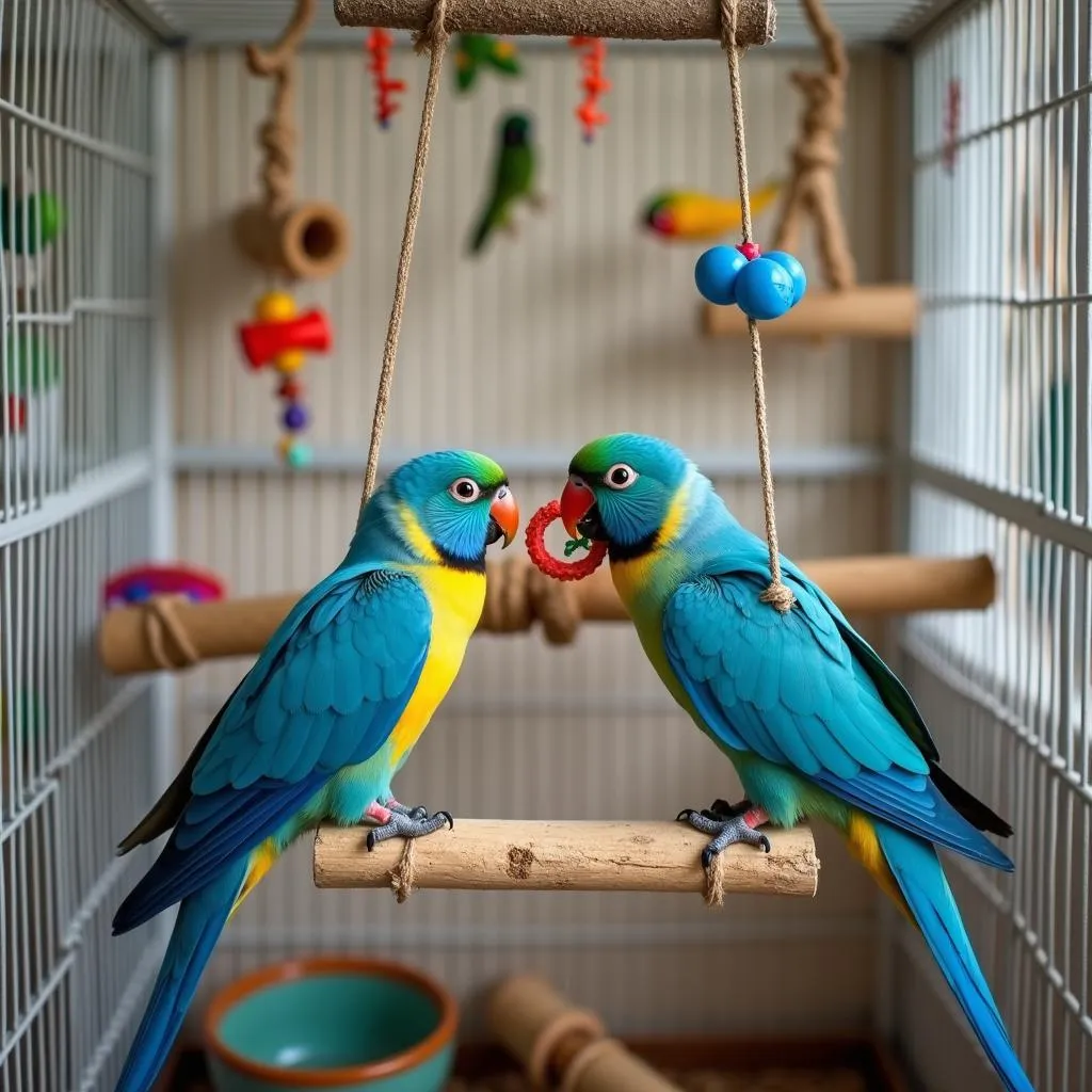 Pair of Blue African Lovebirds Playing in a Cage