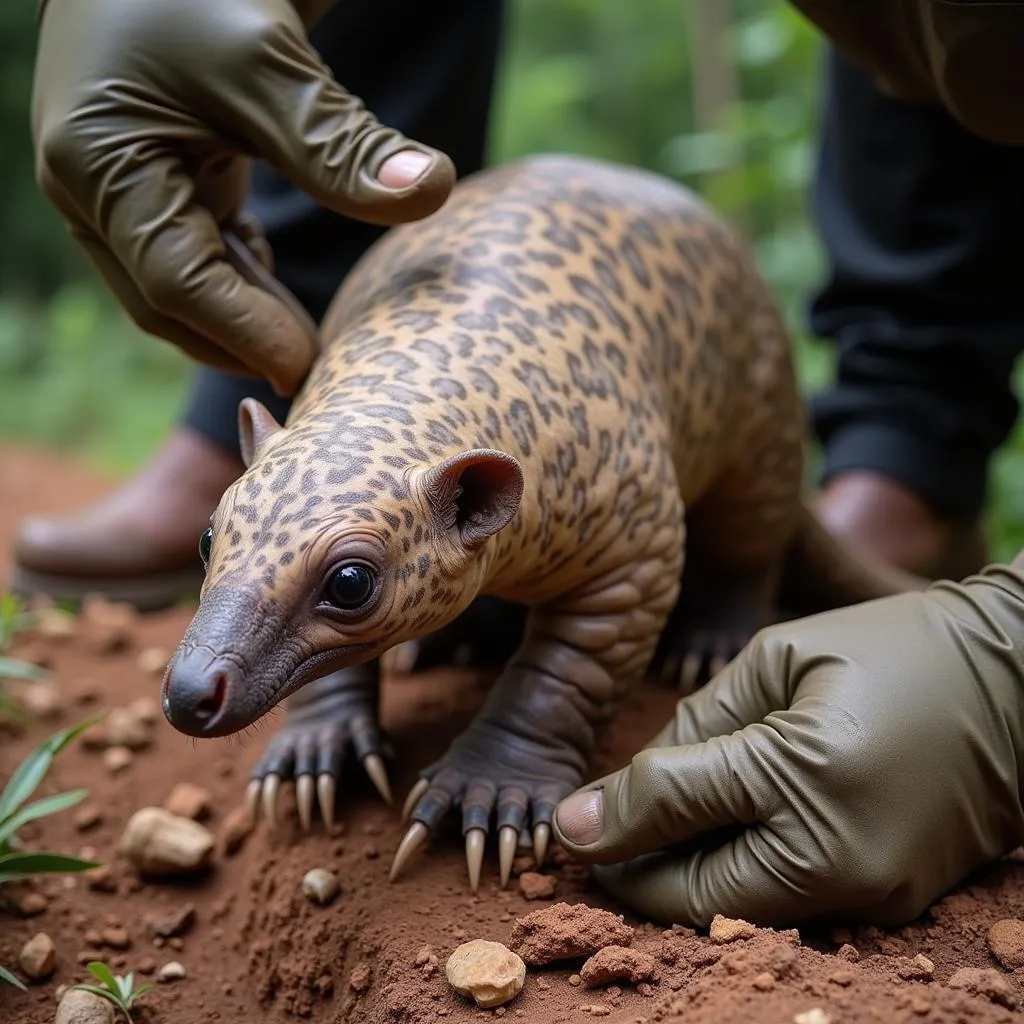 African Black-Bellied Pangolin Being Rescued from Trafficking