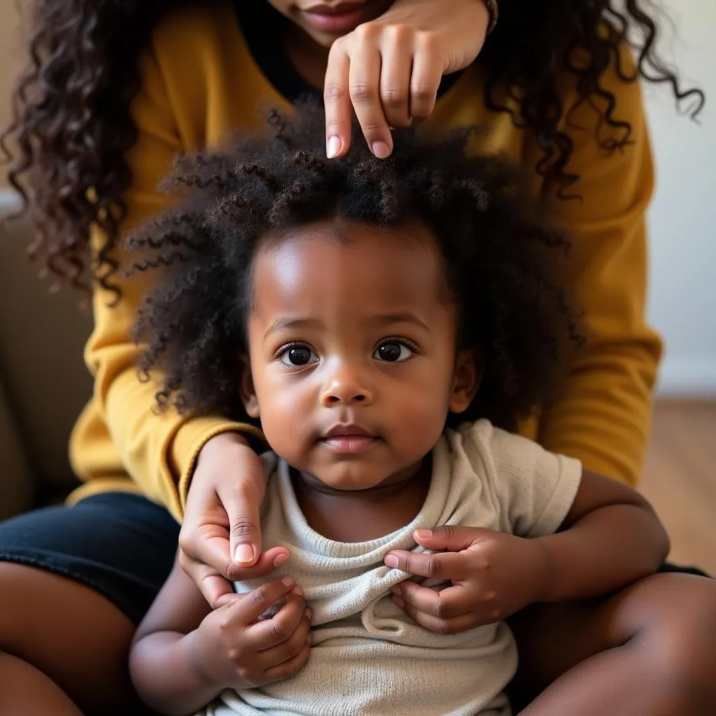 Parent gently combing an African child's hair