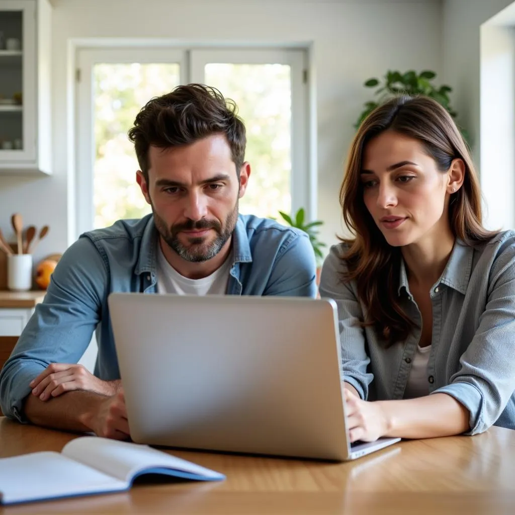 Parents actively engage in researching pediatricians online, utilizing a laptop for their search.