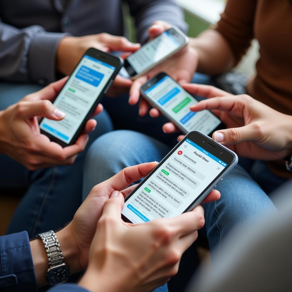 hands holding phones with chat bubbles