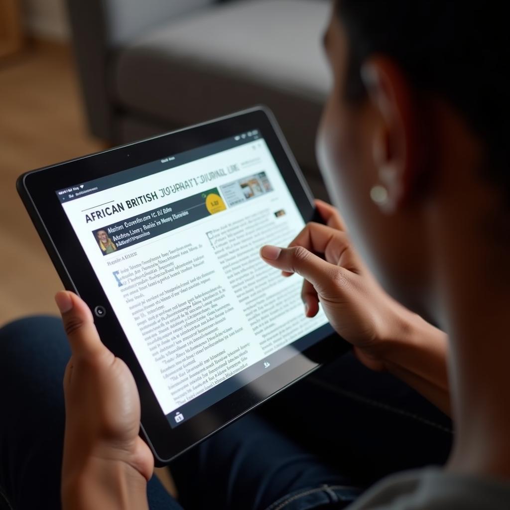 A person accessing an African British journal on a digital tablet