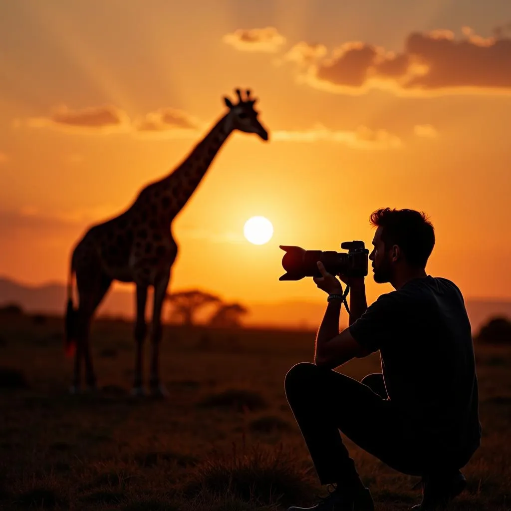 Photographer capturing a silhouette of a giraffe