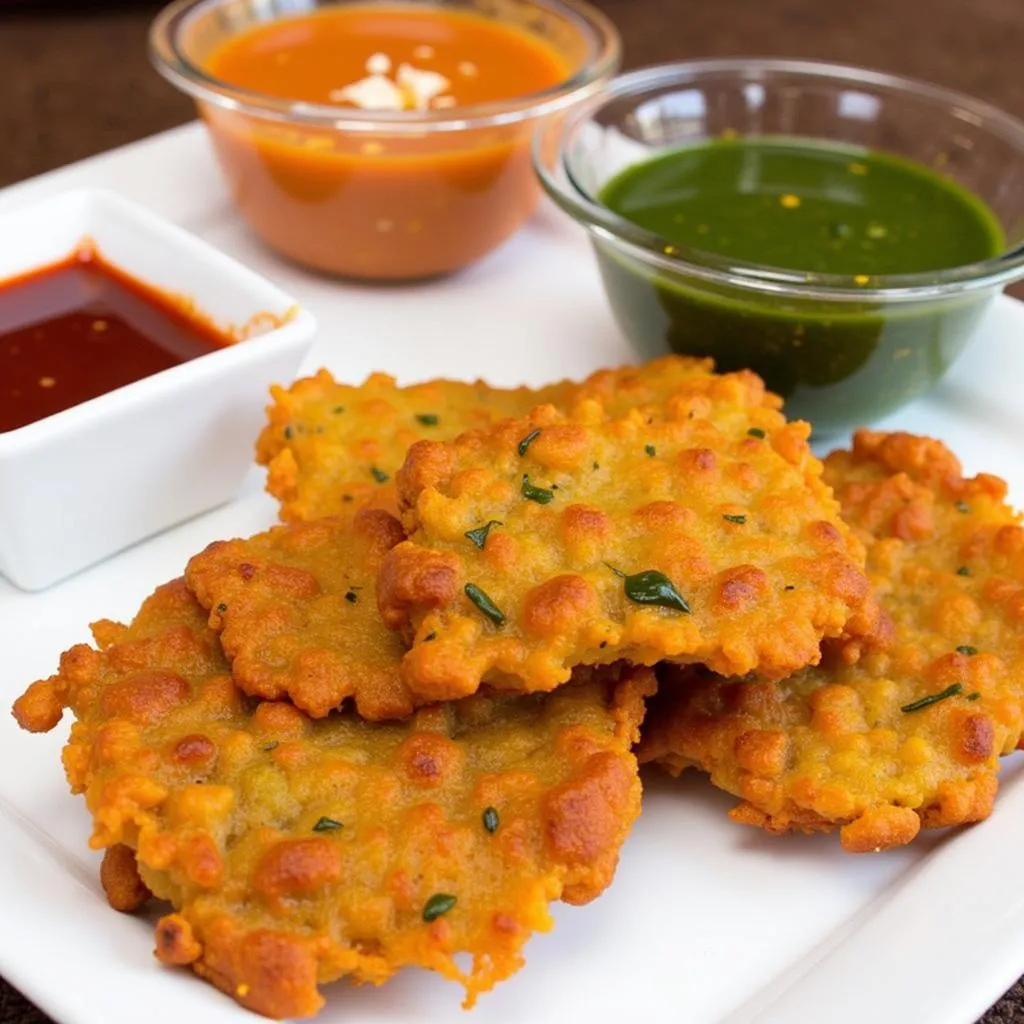 African breakfast jaggay served with an assortment of colorful dipping sauces.