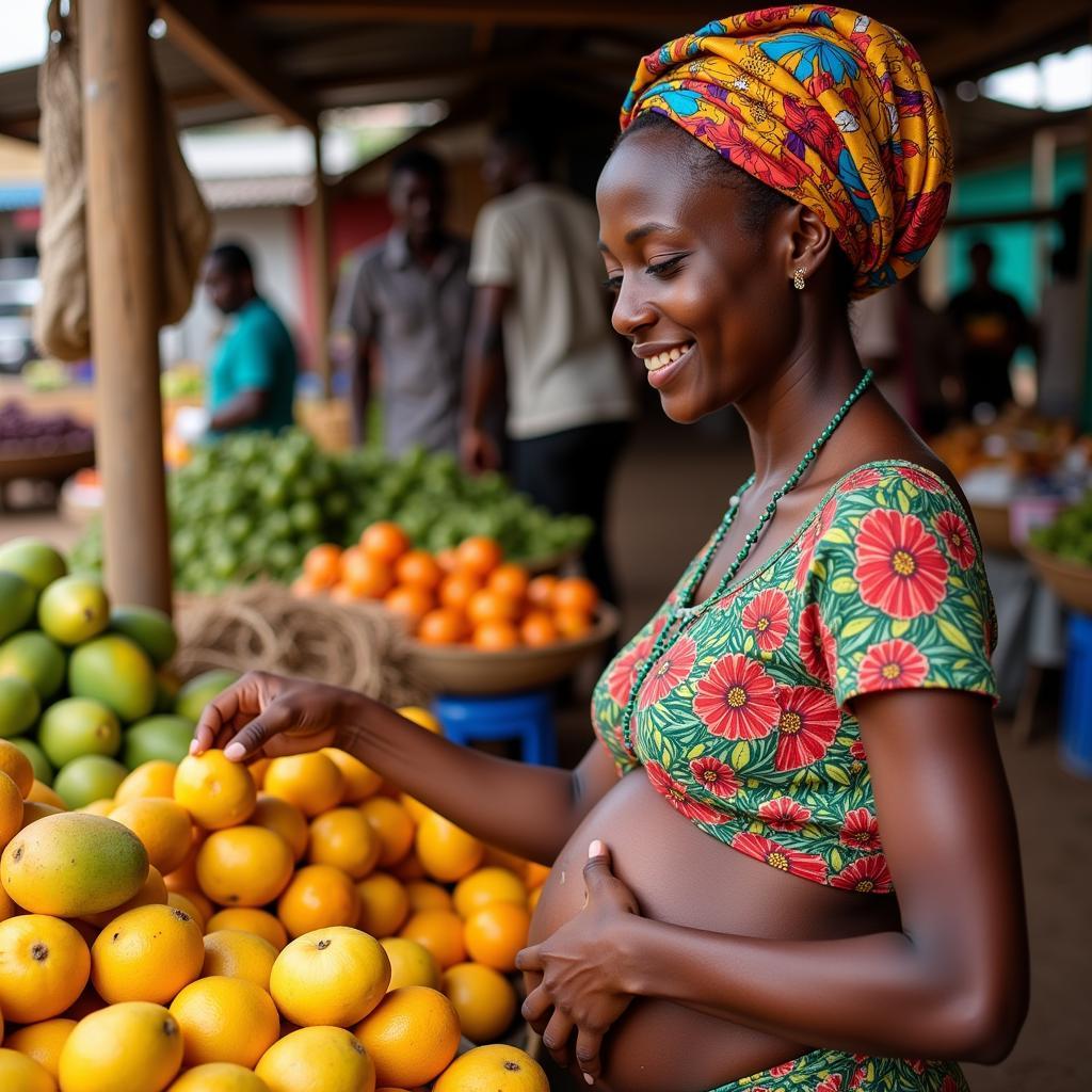 Pregnant Woman Eating Fruit at African Market