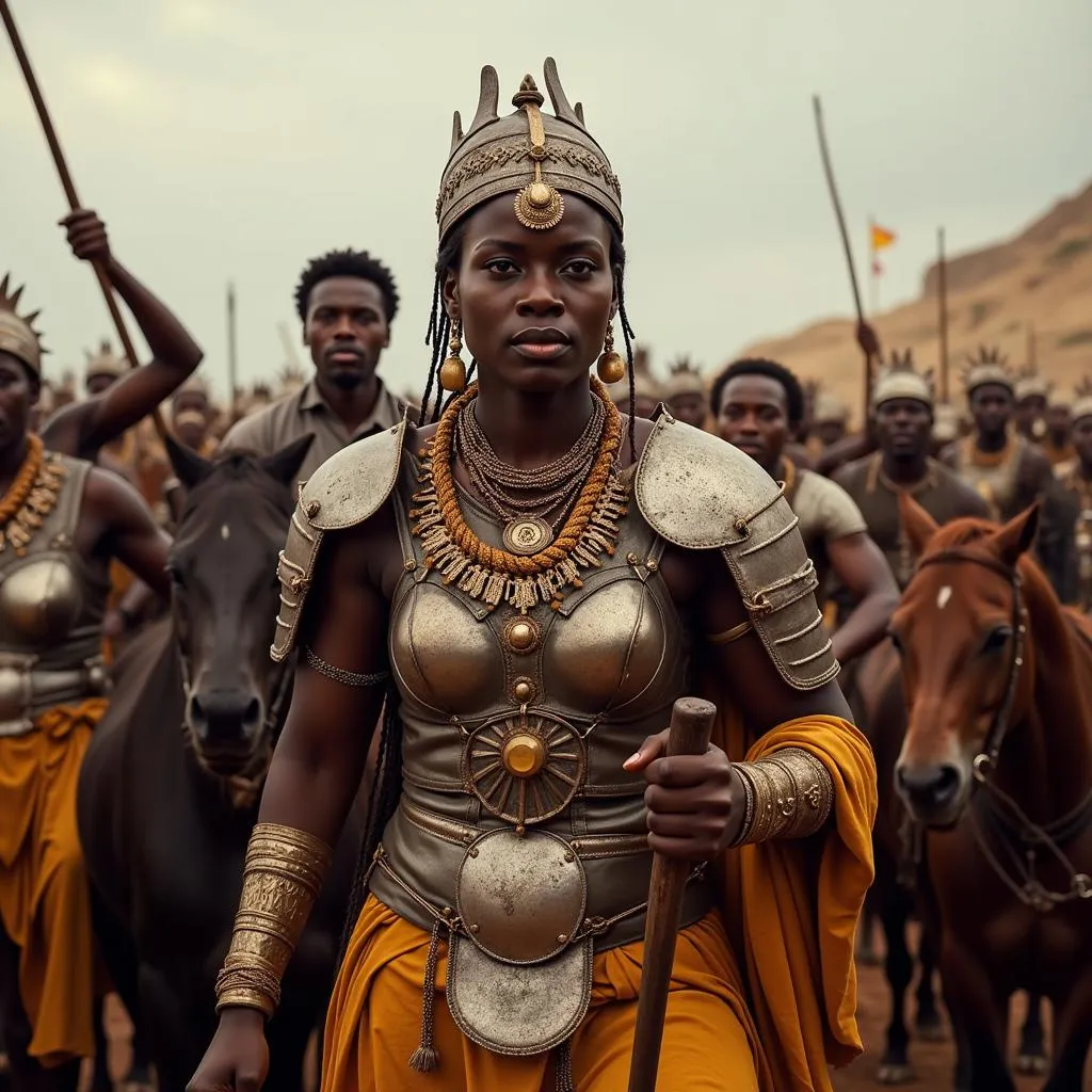 Queen Nzinga leading her army against the Portuguese