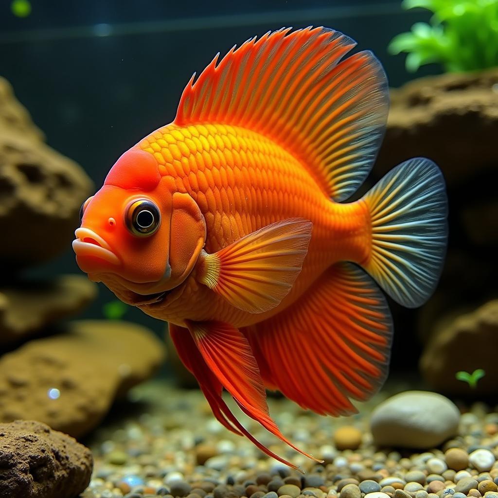 Male Red Peacock Cichlid Displaying Vibrant Colors