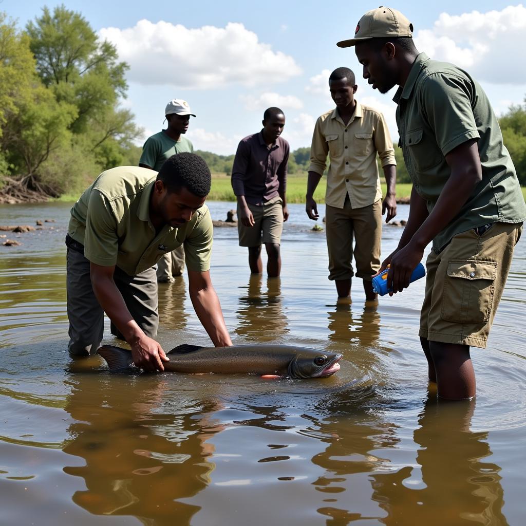 Researchers studying African catfish in Ethiopia.