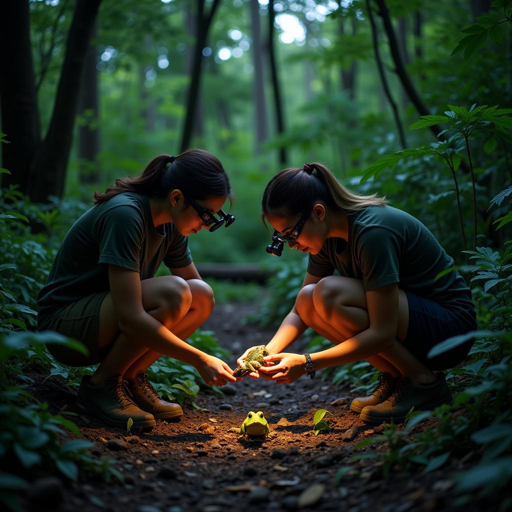 Researchers surveying frog populations in a lush rainforest