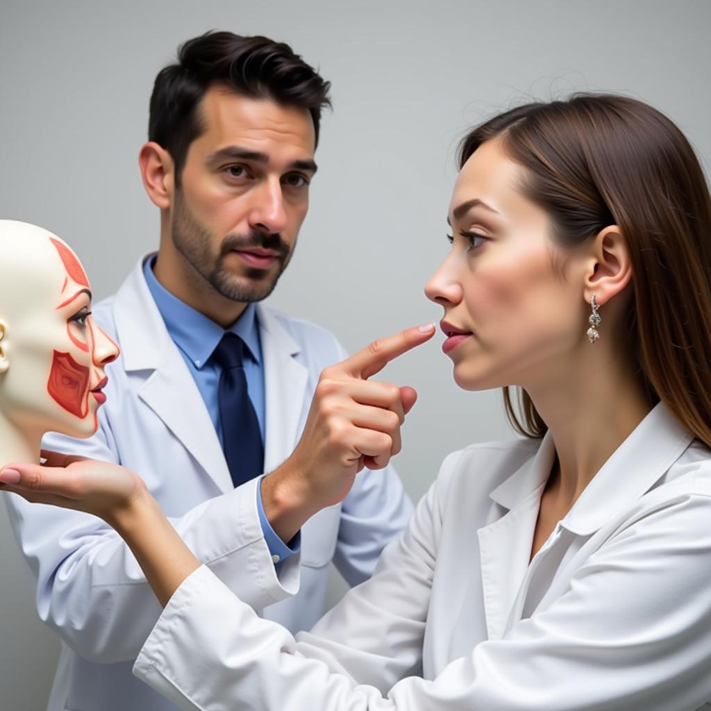 Rhinoplasty surgeon explaining nose anatomy with a model