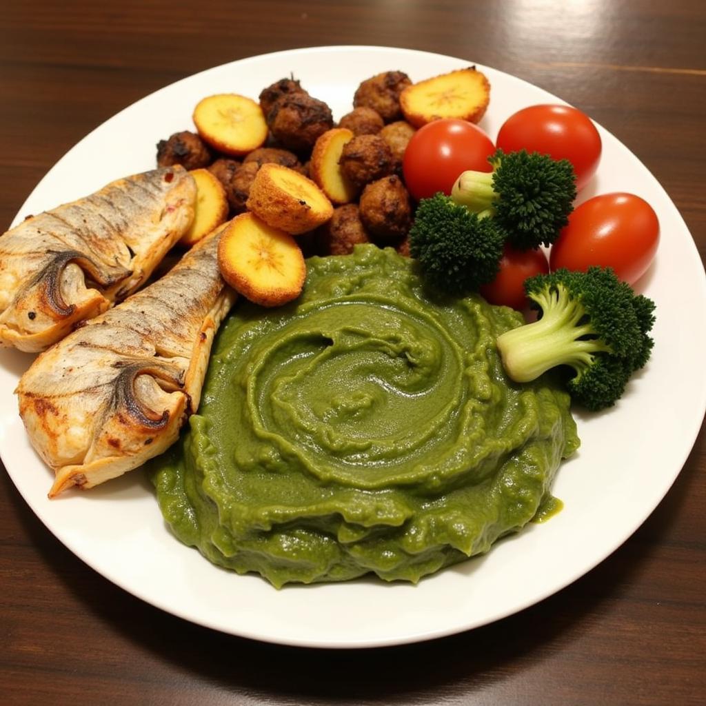 A platter of Rwandan Isombe with accompaniments