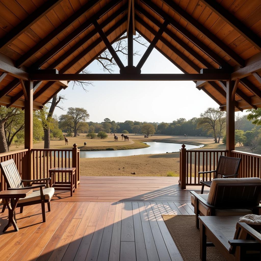 Luxury safari bungalow with a private viewing deck overlooking a watering hole