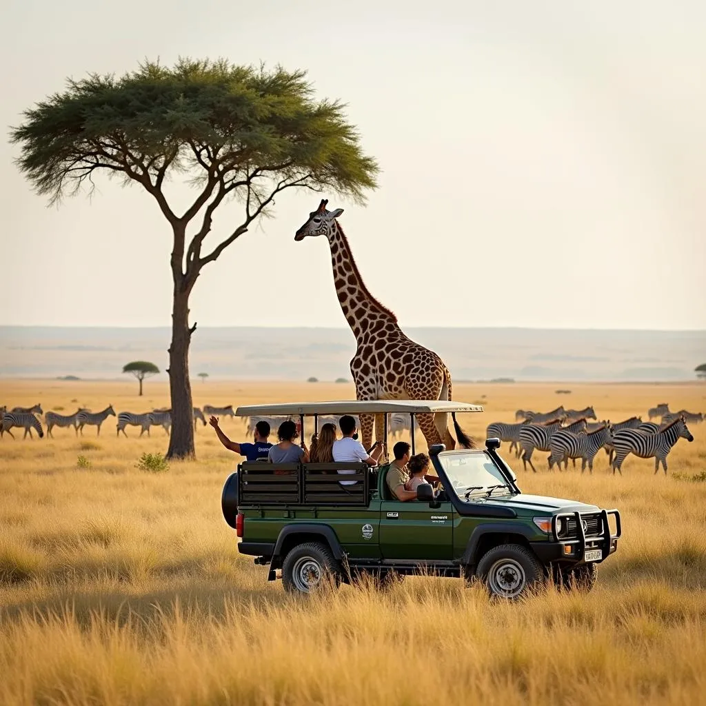 Tourists on a safari adventure in an open-top jeep, driving through the African savanna