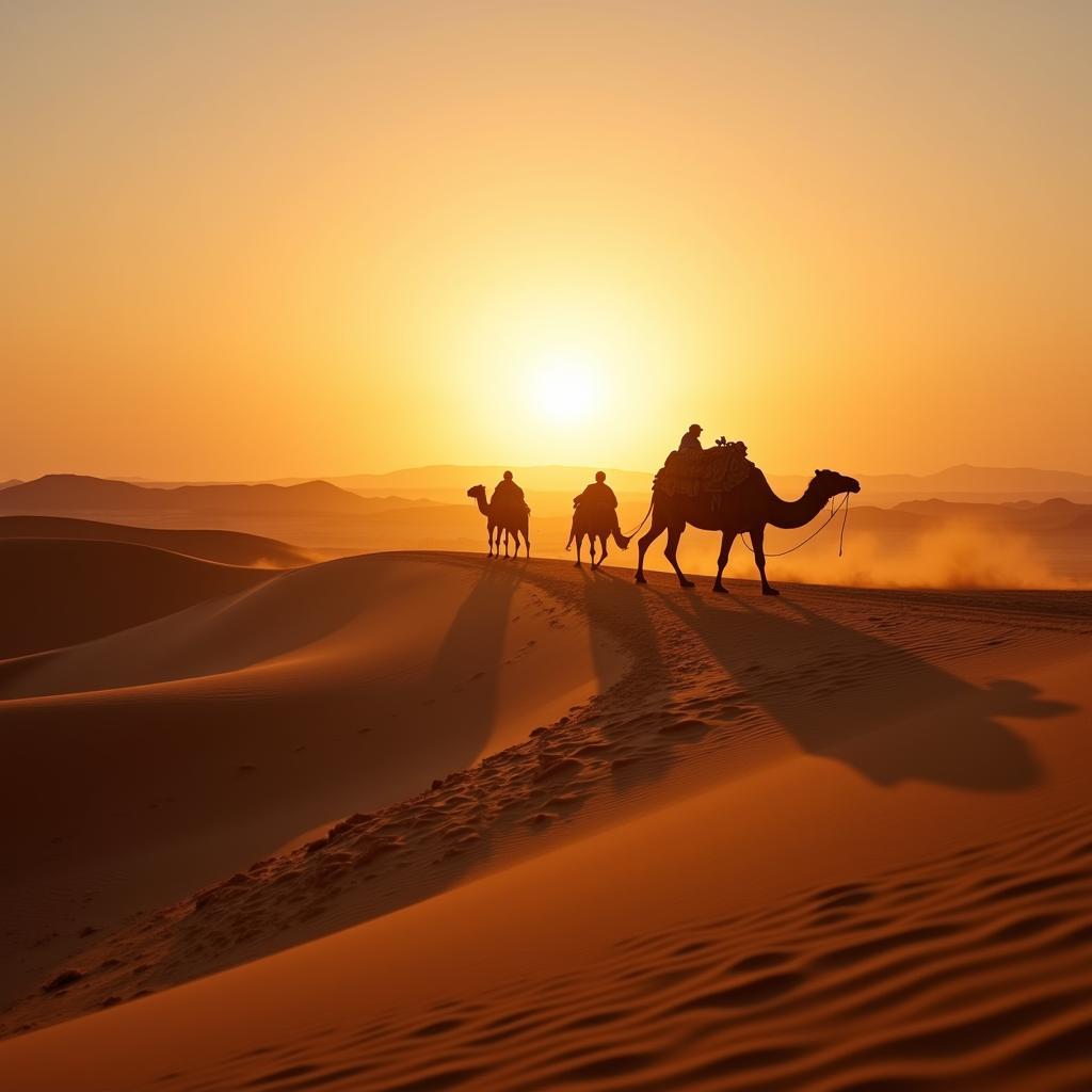 Camels traversing the Sahara Desert dunes