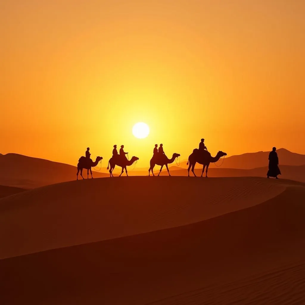 Camel caravan crossing Sahara Desert dunes