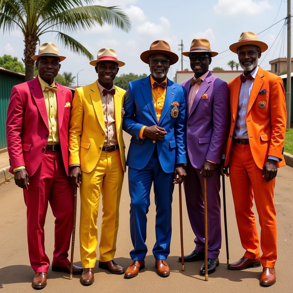 A group of Sapeurs posing in Brazzaville, Congo, showcasing their extravagant suits and accessories.