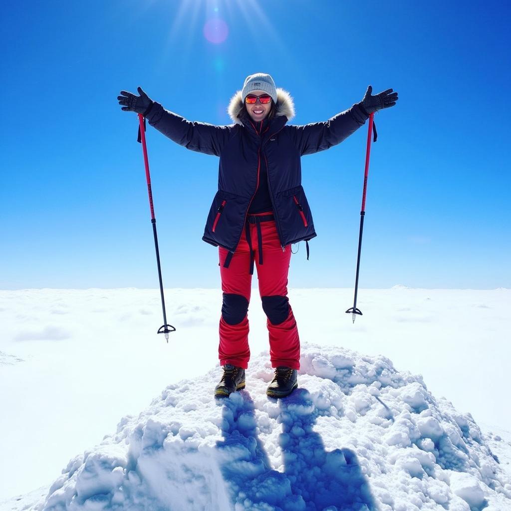 Saray Khumalo standing victoriously on the summit of Mount Everest