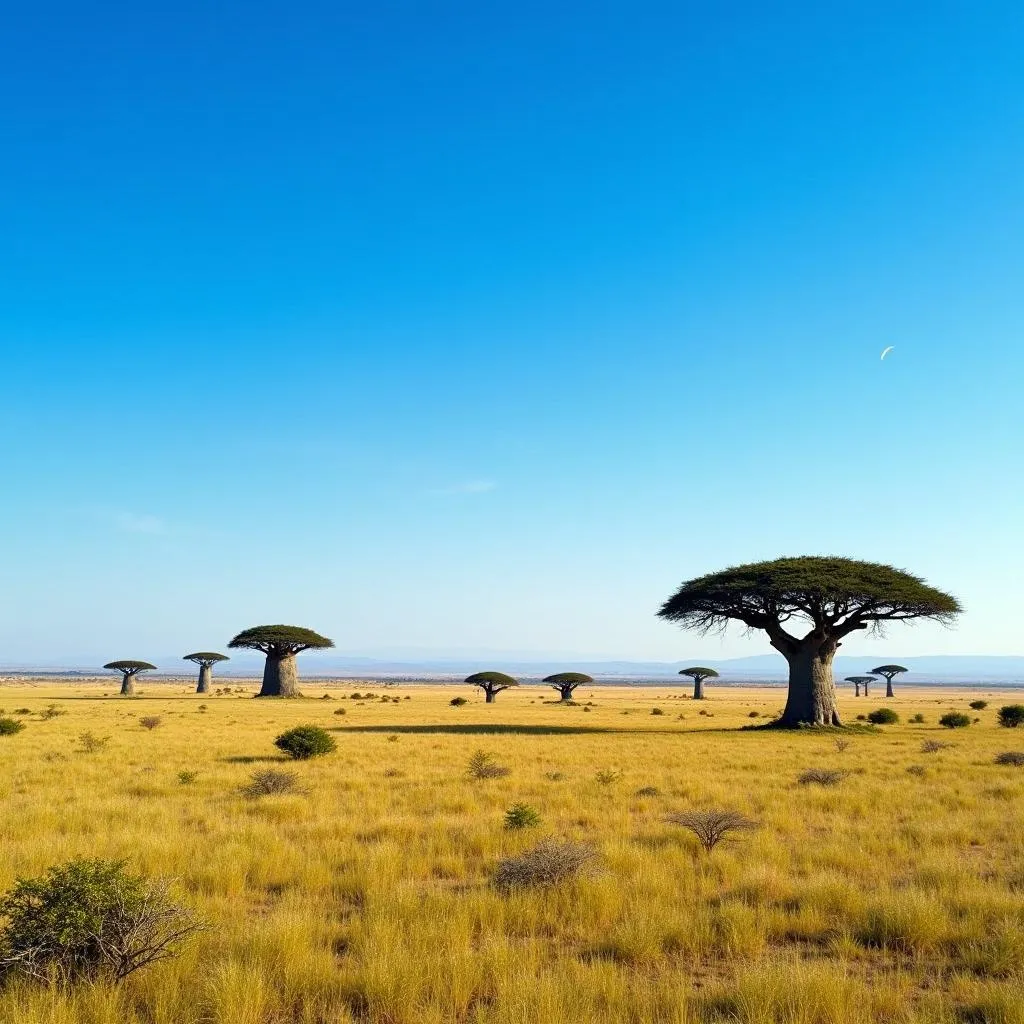 A tranquil savanna scene with acacia trees