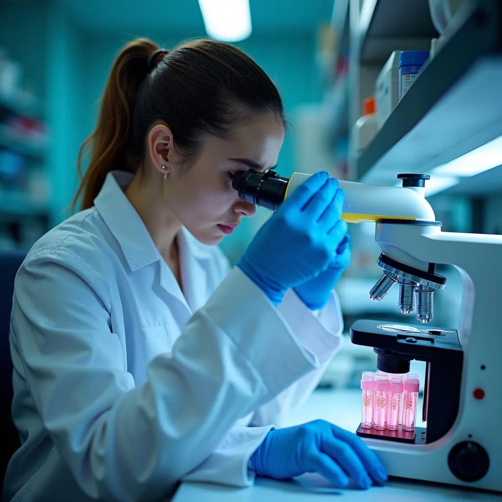 Scientist studying DNA samples in a lab