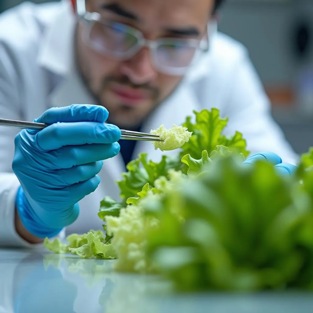 Scientist analyzes water lettuce in laboratory