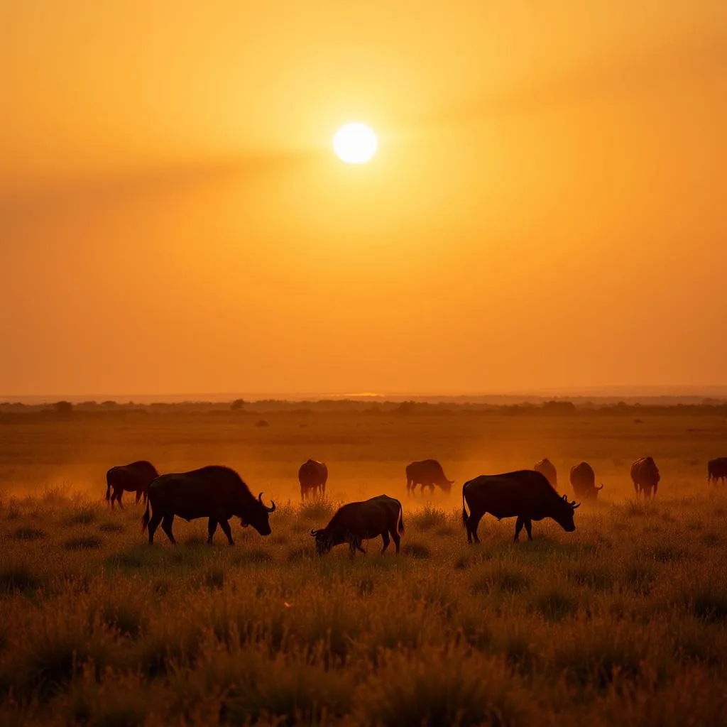 A herd of African buffaloes grazing in the Serengeti National Park