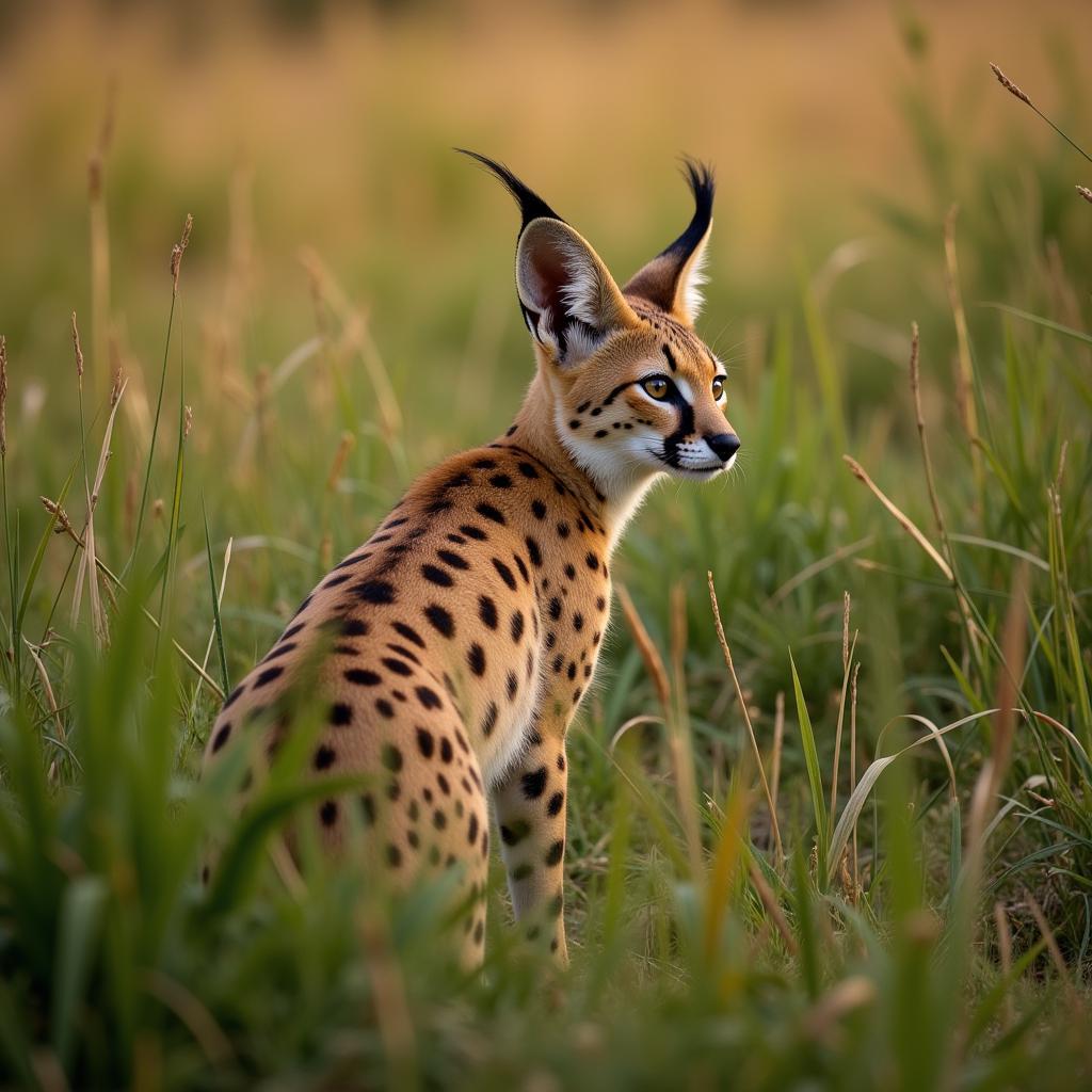 Serval using its large ears to locate prey