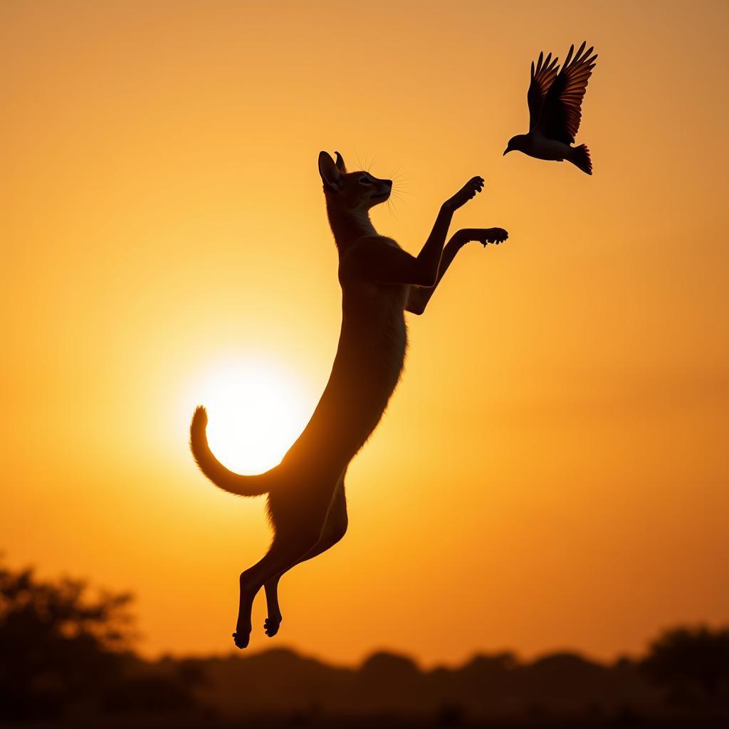 Serval executing a high jump to catch a bird