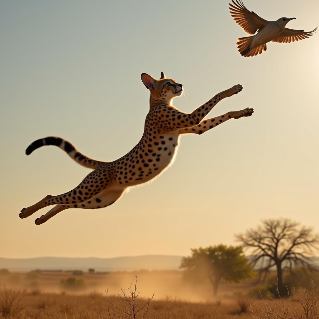 Serval Leaping High to Catch a Bird