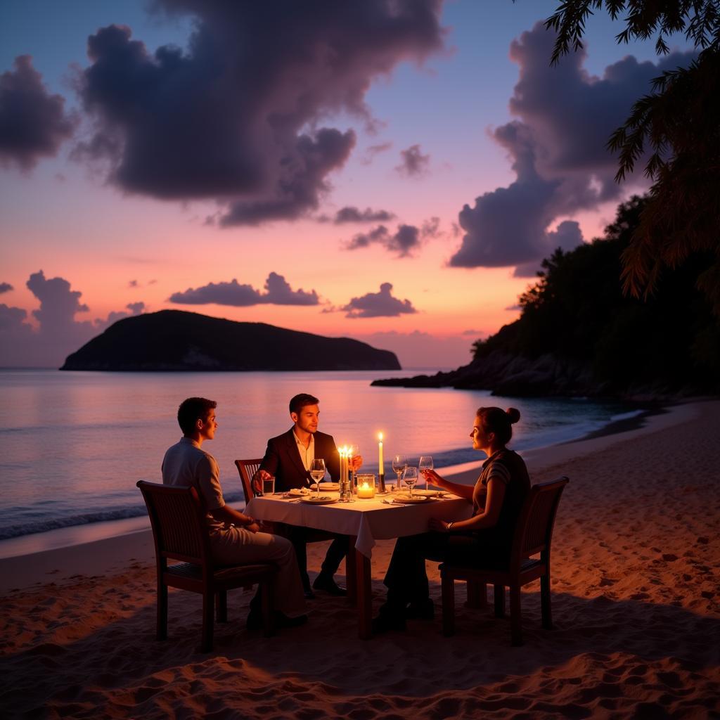 Romantic sunset dinner on a private beach in the Seychelles