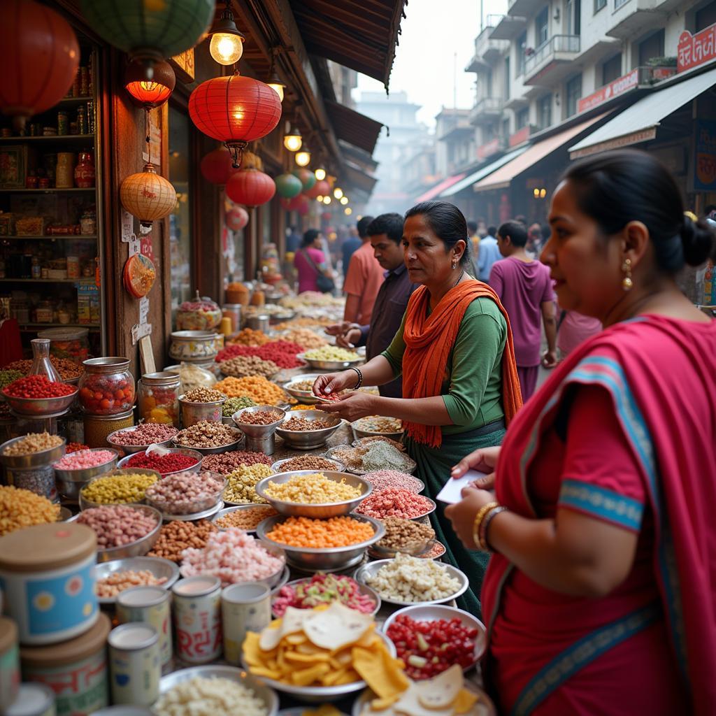 Using Indian Rupees for shopping in a bustling Indian market