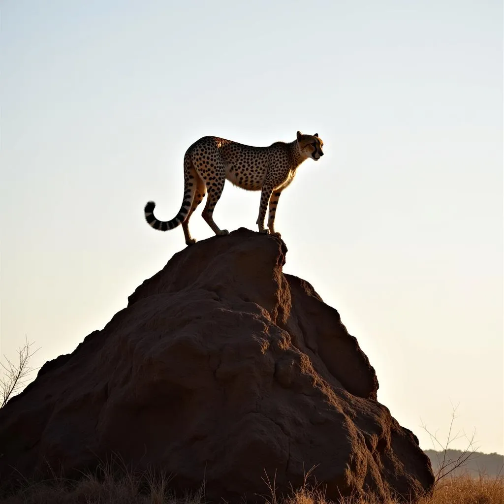 Silhouette of a cheetah on a termite mound