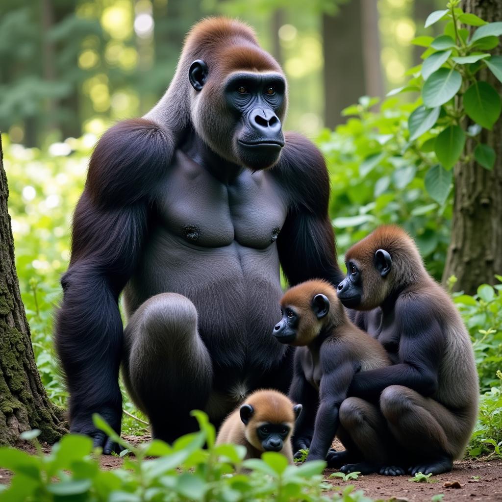 Silverback gorilla with family group