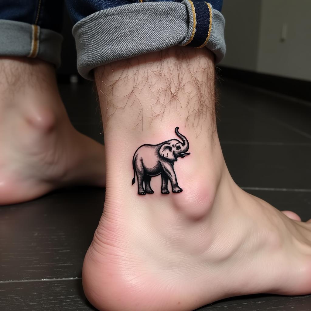 A small, minimalist African elephant tattoo on a man's ankle