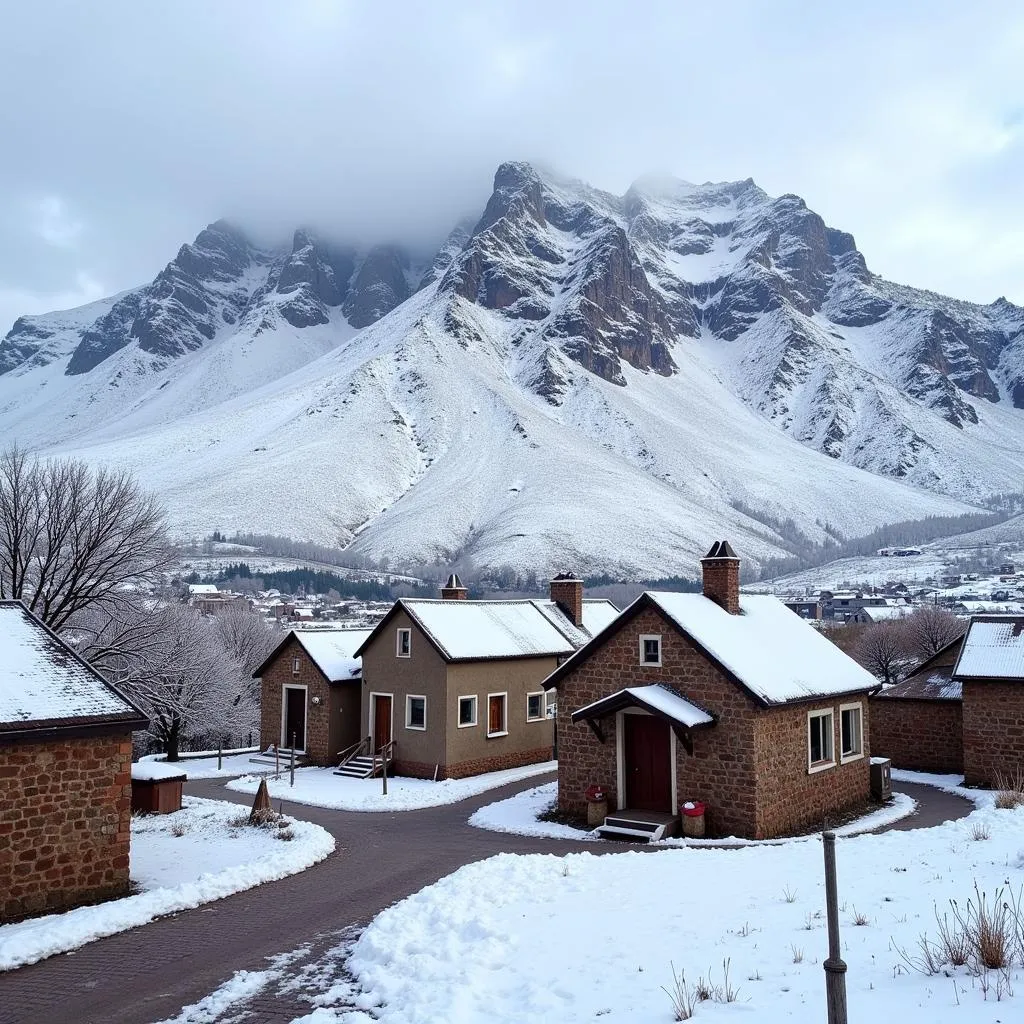 Traditional houses covered in snow in Lesotho