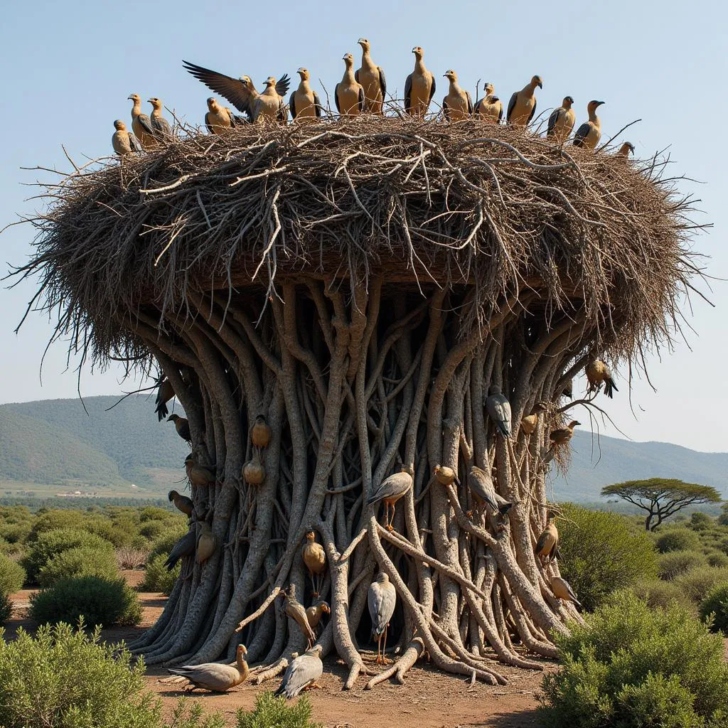 Sociable Weaver nest with birds