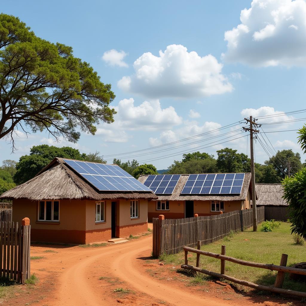 Solar panels installed on rooftops in an African village