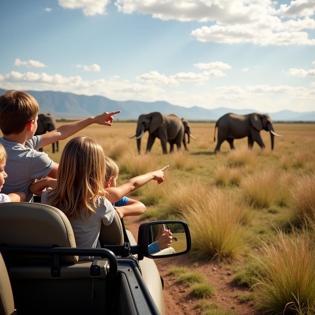 Family on a safari adventure in South Africa, observing elephants.