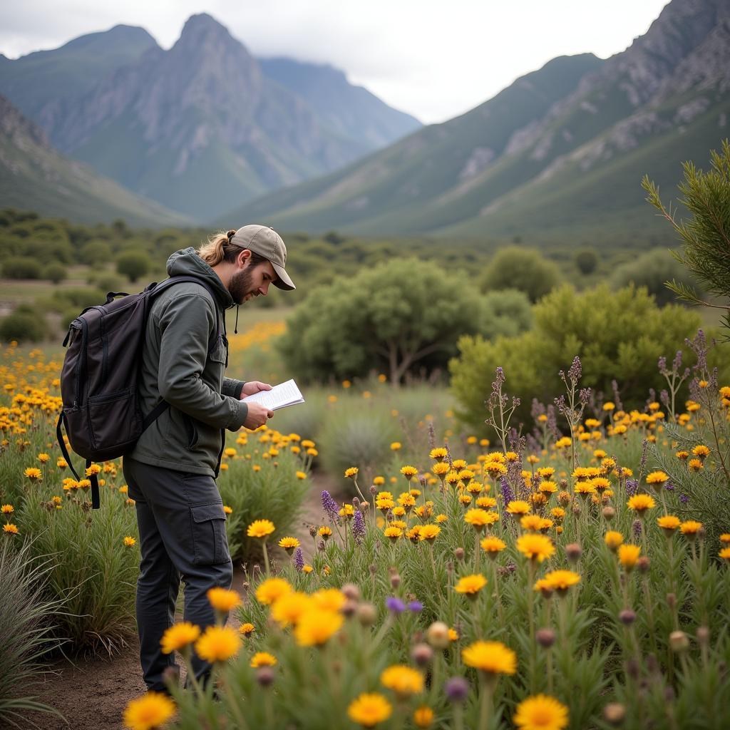 south african botanist studying fynbos vegetation in the field