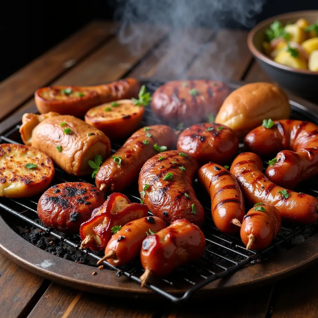 South African braai with various grilled meats and sides.