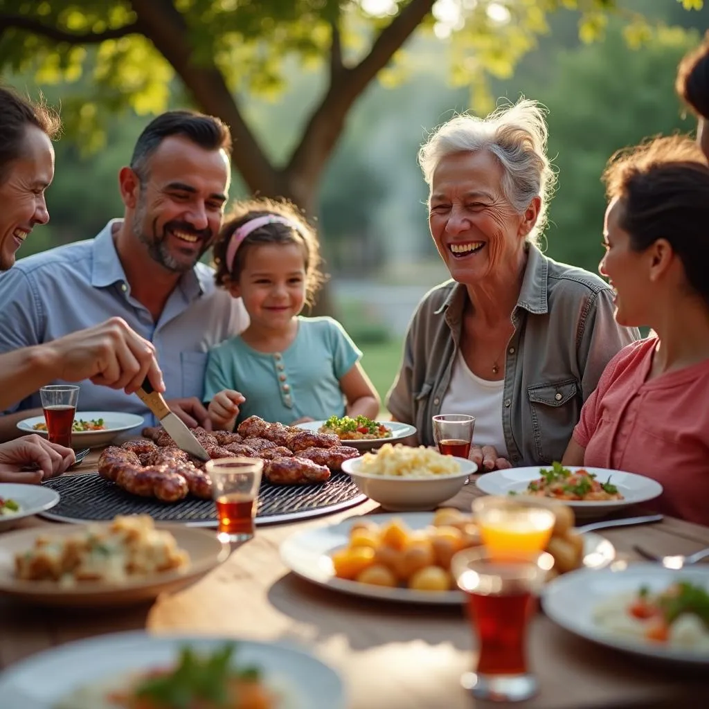 South African family enjoying dinner outdoors