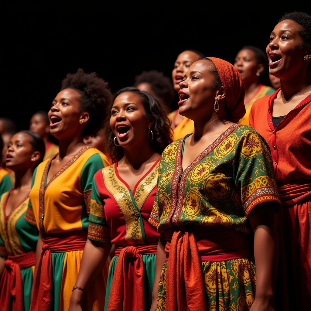 A South African gospel choir performing in traditional attire