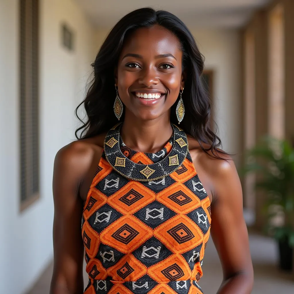 South African graduate in a Shweshwe dress and beaded accessories