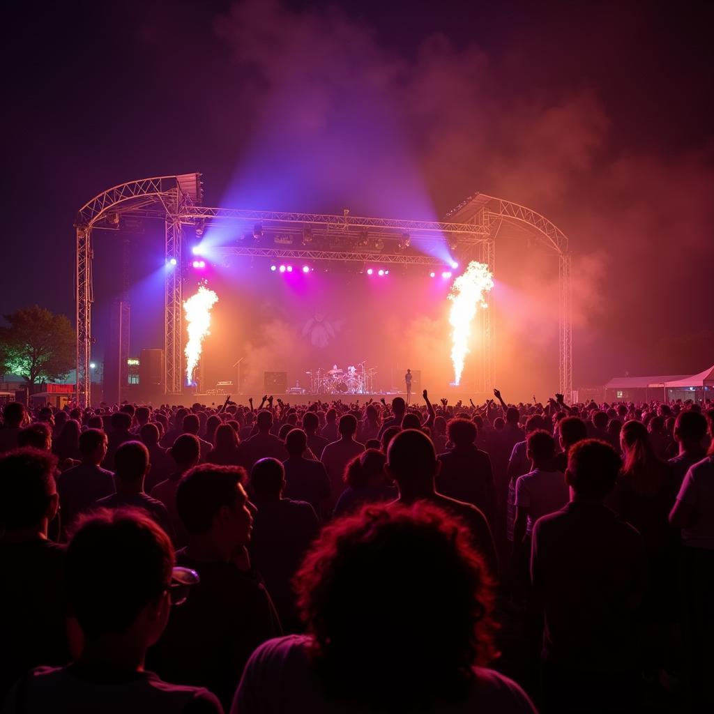 A vibrant crowd at a South African music festival with colorful lights and energetic performers on stage