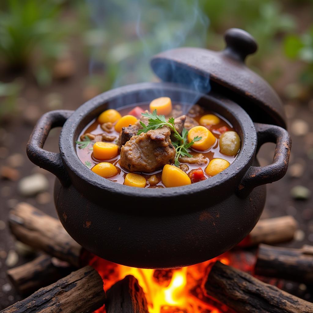 South African Potjiekos simmering over an open fire