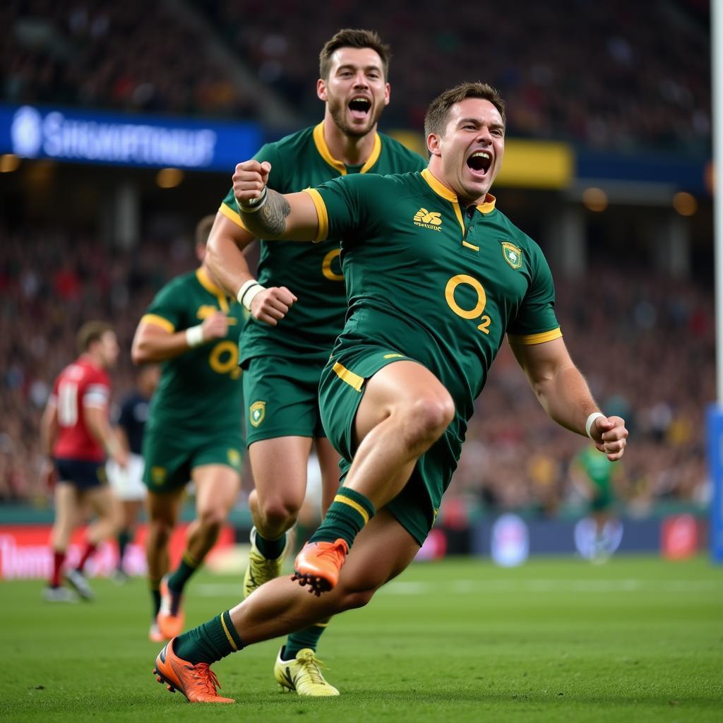 South African rugby player celebrates a try during the 2019 World Cup