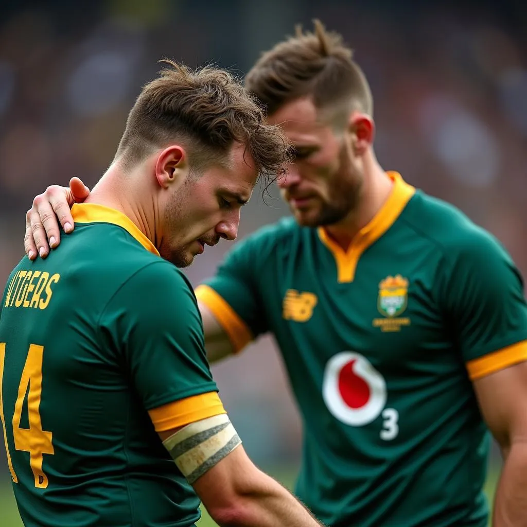 South African rugby player consoled after loss