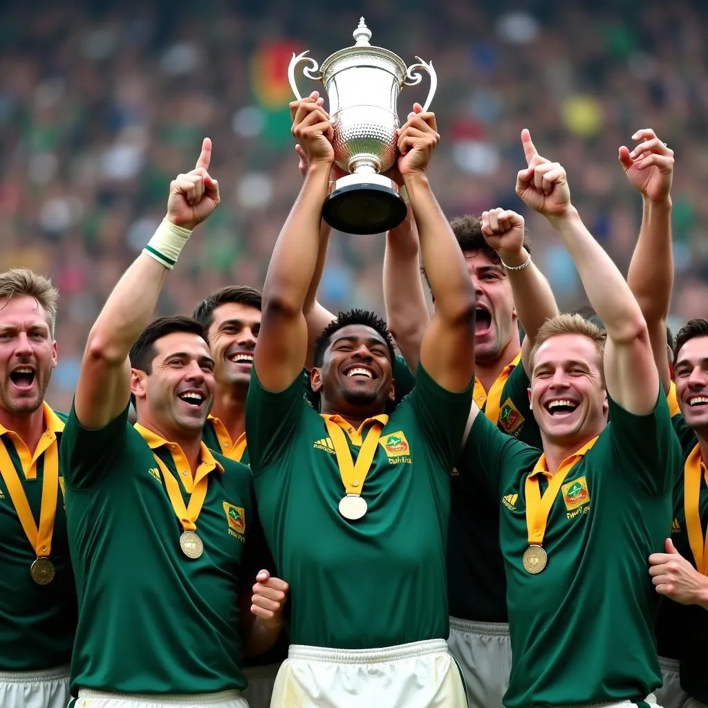 South African rugby team celebrating World Cup victory