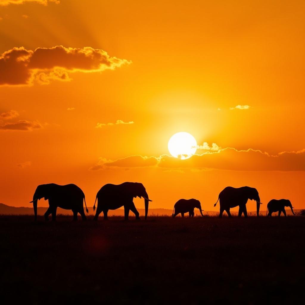 African Elephants at Sunset on the South African Savannah